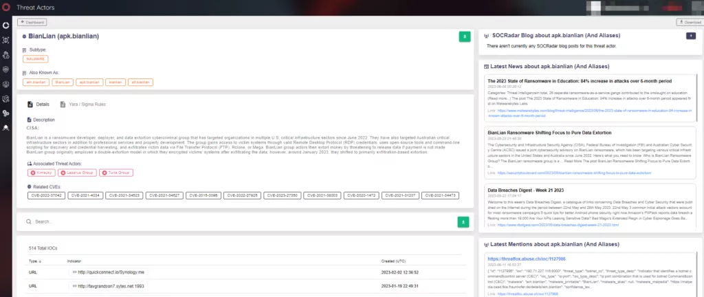 Fig. 27. BianLian’s Threat Actor/Malware page of SOCRadar XTI’s CTI Module