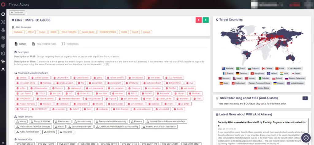 FIN7 threat actor page on SOCRadar