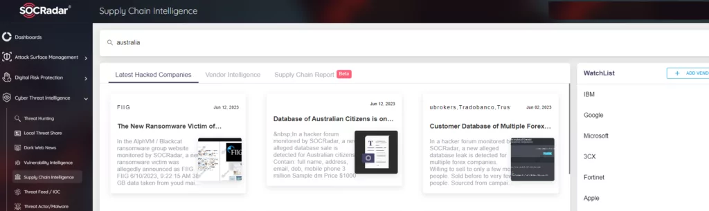 SOCRadar Supply Chain Intelligence Module, Australian