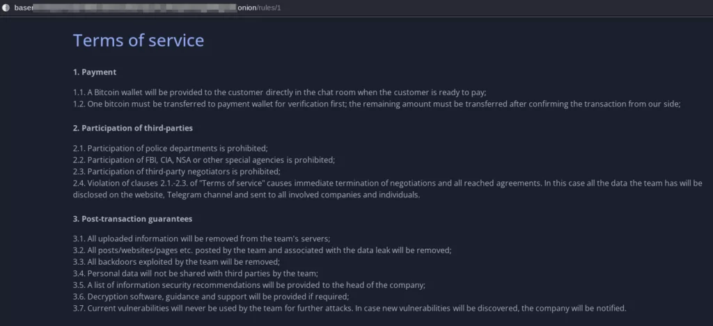 Terms of Service page of 8Base Ransomware TOR site