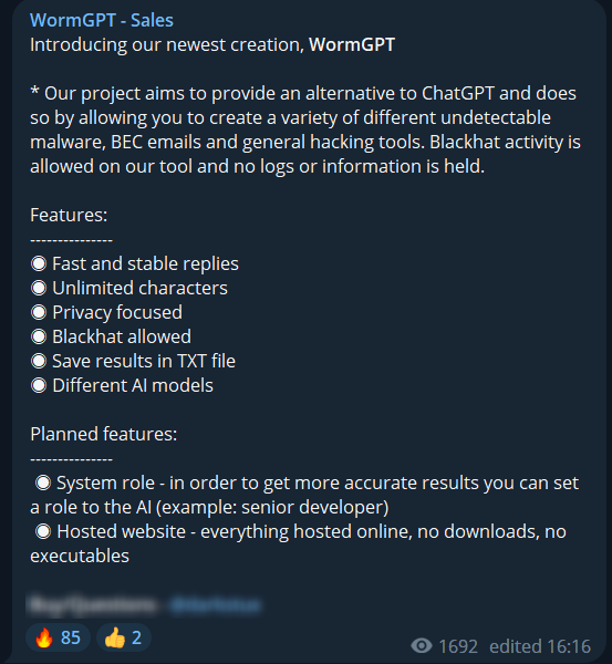 WormGPT features, advertisement on Telegram
