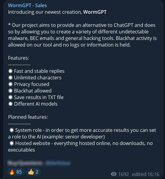 Características de WormGPT, publicidad en Telegram
