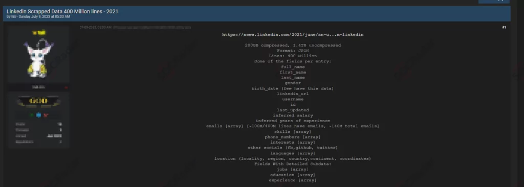 In a hacker forum monitored by SOCRadar, a database leak allegedly scraped from LinkedIn in 2021 was detected on July 11, 2023.