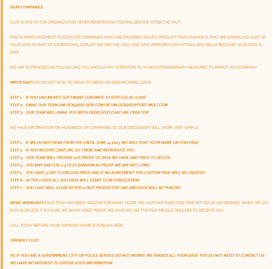 CL0P Ransomware's announcement about the MOVEit vulnerability, supply chain