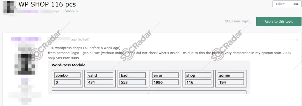 WordPress access sale for 116 e-commerce companies (SOCRadar), supply chain