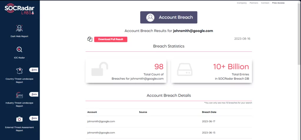 Account Breach, a free SOCRadar LABS tool. 