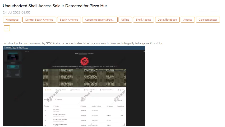 Unauthorized Shell Access Sale is Detected for Pizza Hut