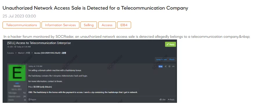 Unauthorized Network Access Sale is Detected for a Telecommunication Company