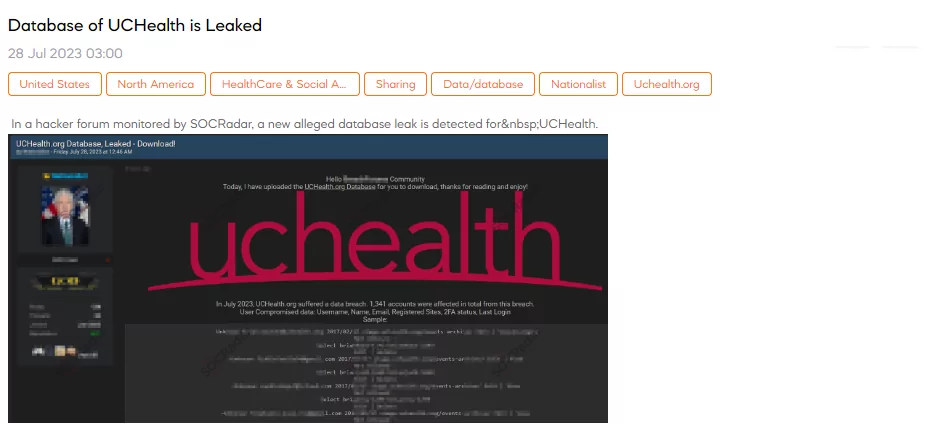 Database of UCHealth is Leaked