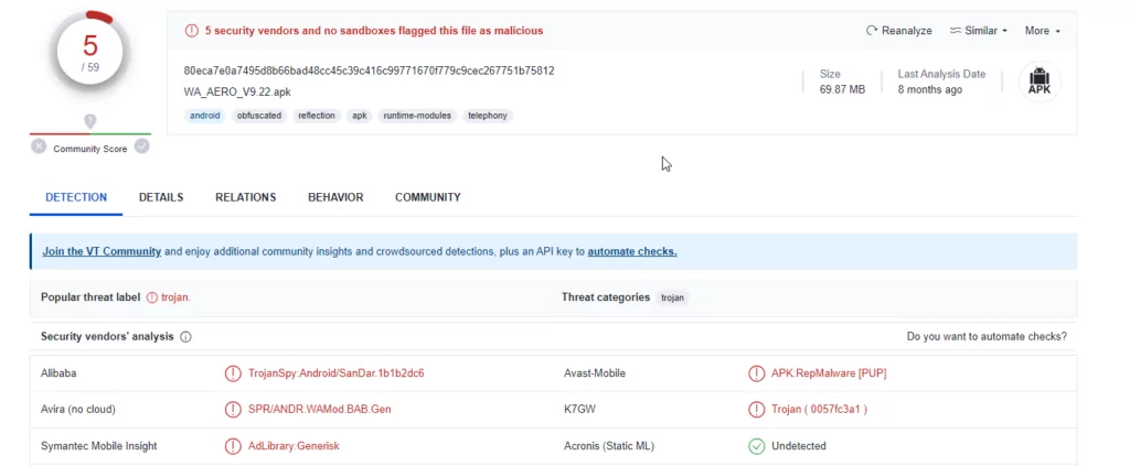 VirusTotal scan results for the APK file