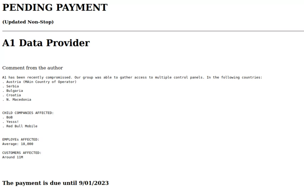Figure 10. A1 Data Provider has been compromised by Ransomed[.]vc 