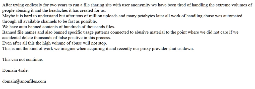 Statement on anonfiles[.]com
