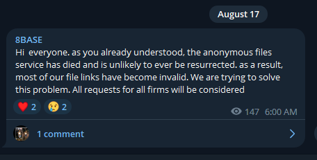 8Base’s statement after closure of AnonFiles (vx-underground)