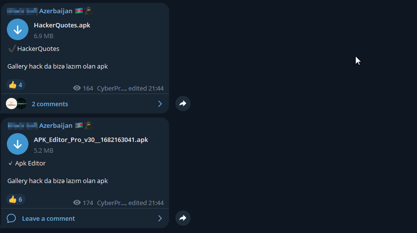 Telegram groups operating in the Azerbaijani language and sharing illegal Android apps