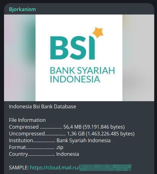 Figure 15. Bank Syariah Indonesia Database leak post made by Bjorka