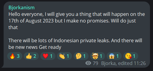 Figure 20. Bjorka’s Telegram post about it will make lots of leaks on August 17
