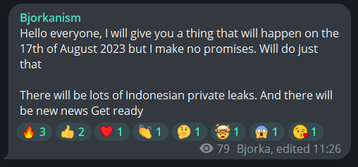 Figure 20. Bjorka’s Telegram post about it will make lots of leaks on August 17 