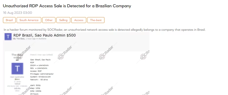 Venta no Autorizada de Acceso RDP a Compañía Brasileña