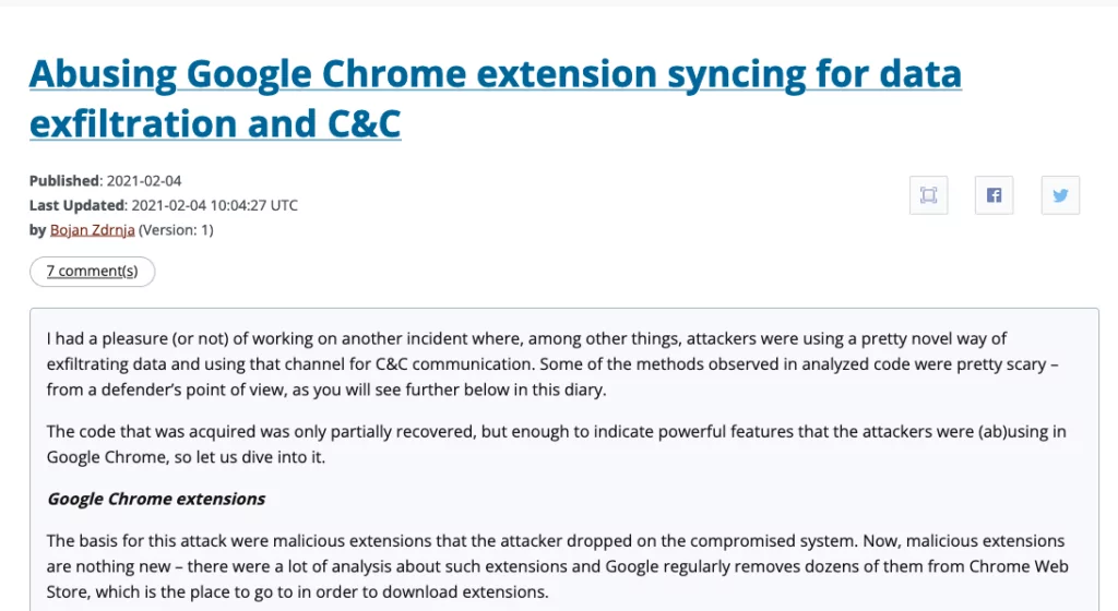 Abusing extension syncing for data exfiltration (Source: SANS)