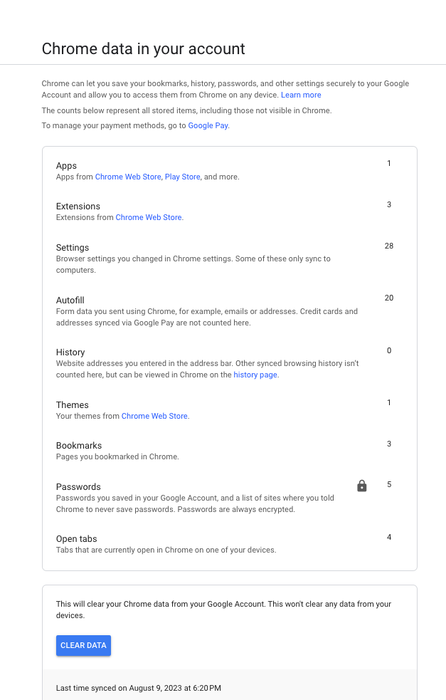 The Chrome data stored on a Google account