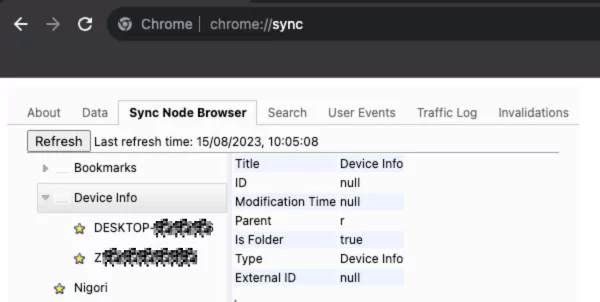 Synced data, which includes open tabs on other logged-in devices, can be browsed using the Sync Internals “Sync Node Browser” tab