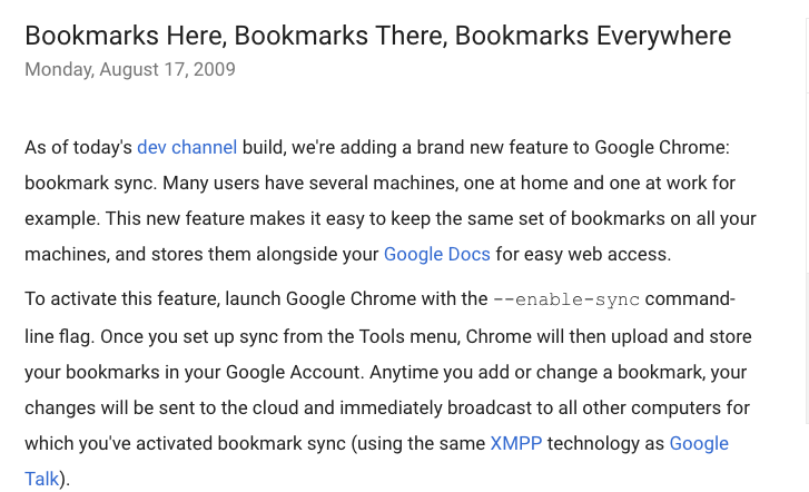 Google Chrome announces new feature: Bookmark sync (Source: Chromium Blog)