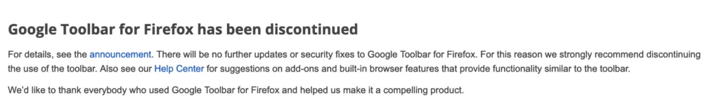 Google Toolbar for Firefox has been discontinued