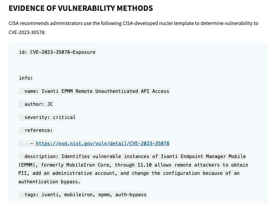 Screenshot of nuclei template to detect CVE-2023-35078 (CISA), ivanti