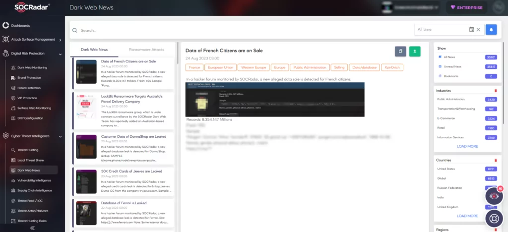 Dark Web News module on SOCRadar Platform