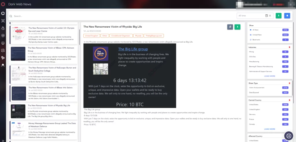 Fig. 16. Dark web news page of SOCRadar Platform’s CTI Panel (Source: SOCRadar)