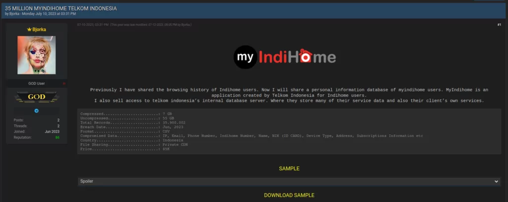 Figure 5. Database of Indihome, one of Bjoka’s data selling posts on Breach Forums