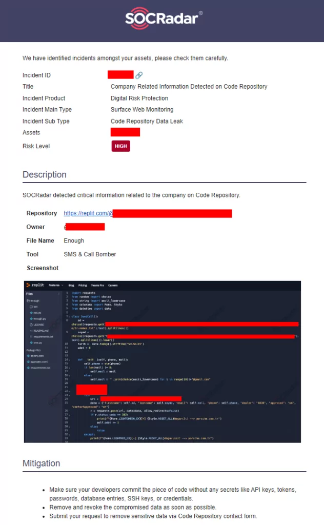 A SOCRadar alarm: Company Related Information Detected on Code Repository