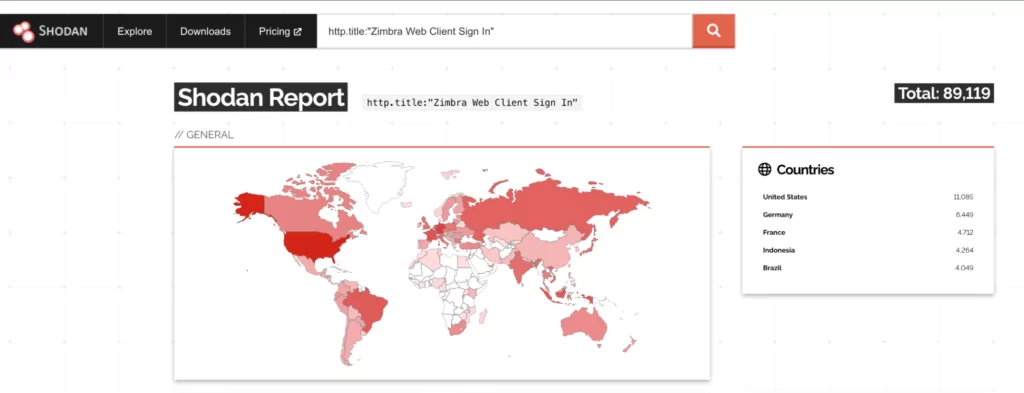 Servers that host Zimbra web client (Source: Shodan). 