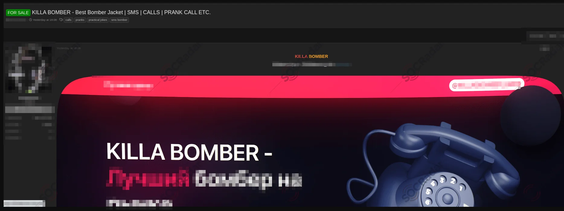 An SMSBomber advertisement on a dark web forum monitored by SOCRadar