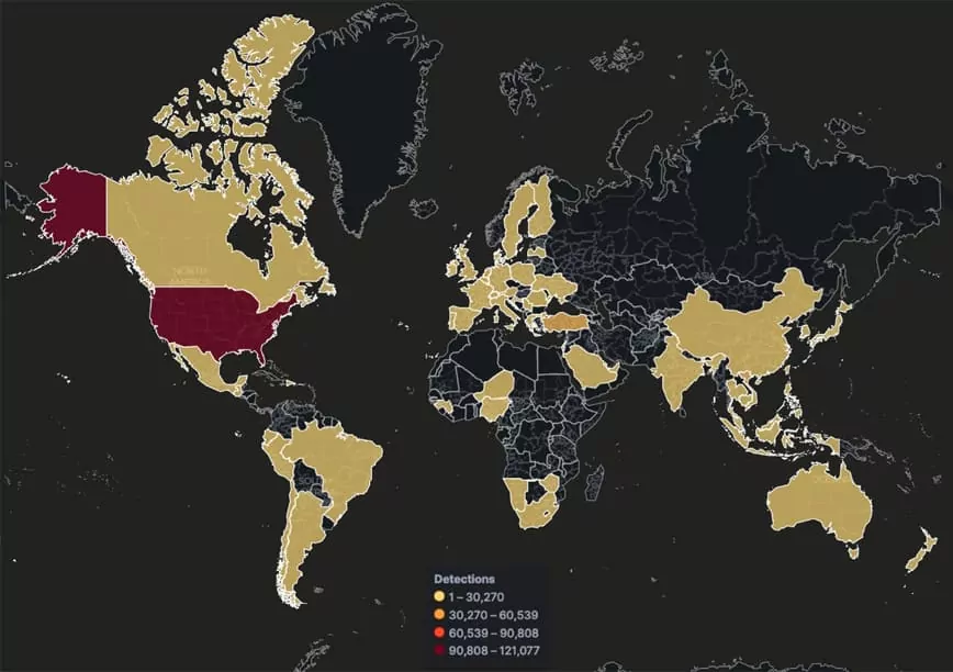 Figure 3. Global heatmap of Qakbot detection in Q1 2023. (Trellix)