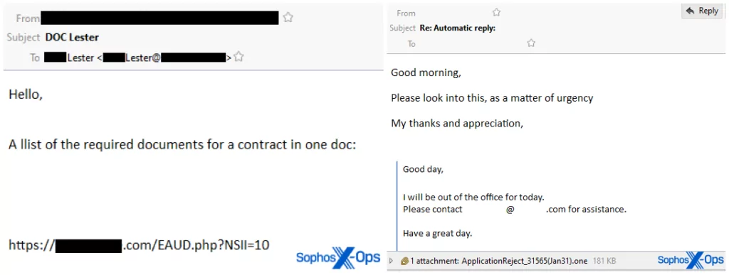 Figure 4. Mails distributing malicious .one attachments for QakBot. (Sophos)