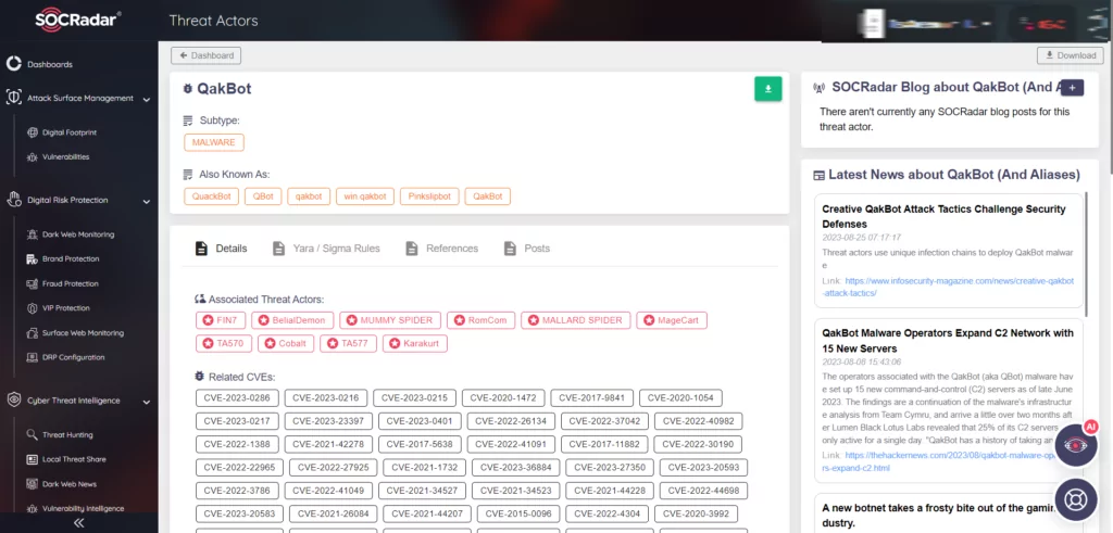 Figure 1. SOCRadar Cyber Threat Intelligence Module, Threat Actor/Malware Tab