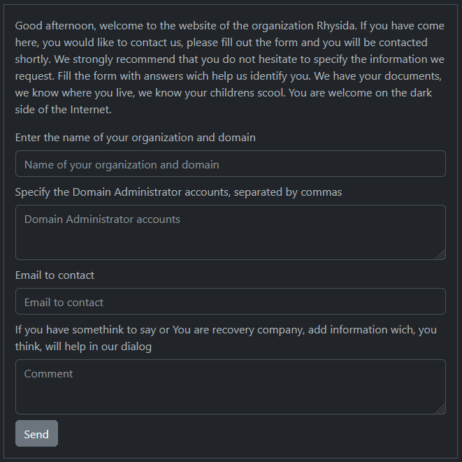 Fig. 8. Custom Contact form designed for victims of Rhysida (Source: Secplicity)