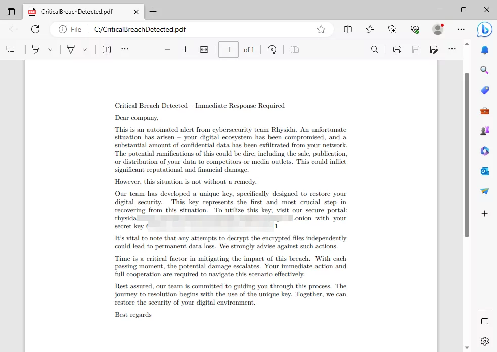 Fig. 5. Rhysida Ransomware's ransom note 'CriticalBreachDetected.pdf'