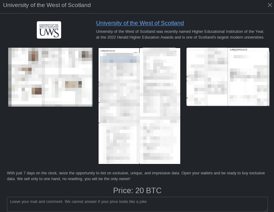 Fig. 15. University of West Scotland has been announced as a victim.