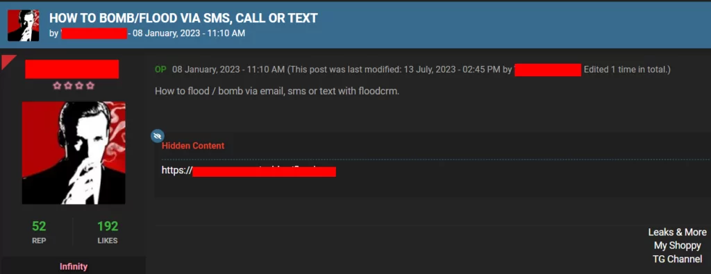 A forum post including a URL capable of SMS and email bombing 