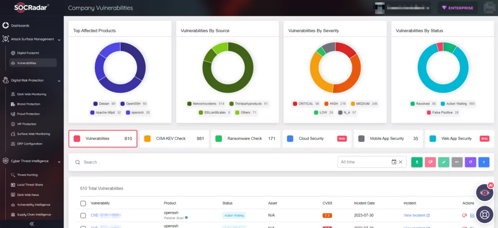 SOCRadar’s Company Vulnerabilities page under Attack Surface Management, microsoft