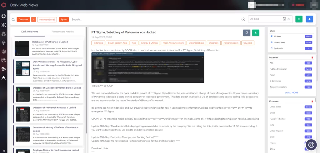 Figure 19.  SOCRadar’s Dark Web News section under the CTI module (Source: SOCRadar)