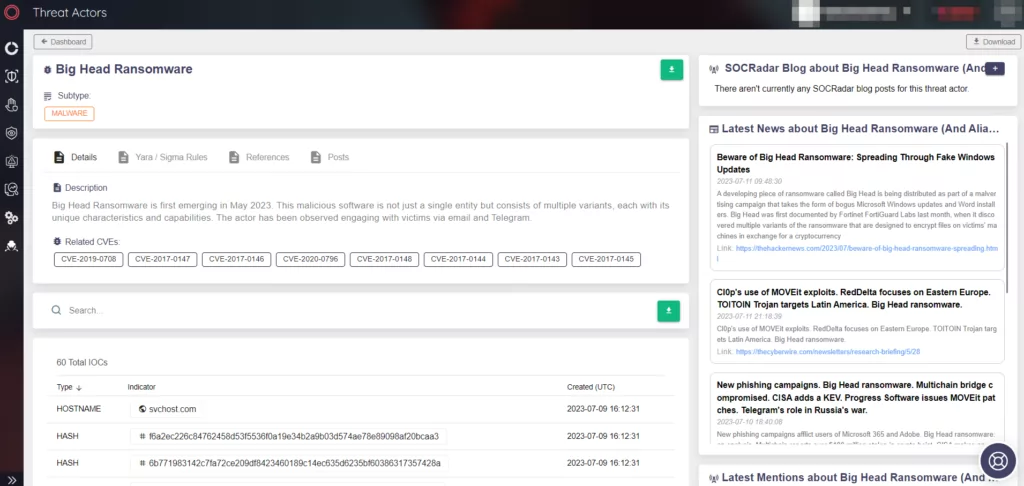 Fig. 13. Big Head Ransomware’s Threat Actor/Malware page under the CTI module of SOCRadar XTI (Source: SOCRadar)