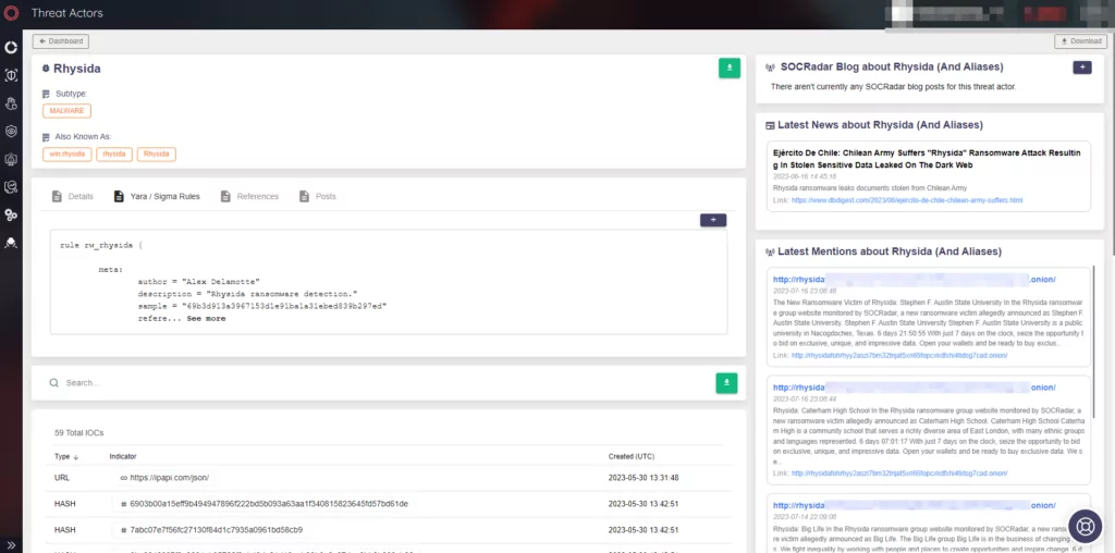 Fig. 2. Threat Actor/Malware Page of Rhysida Ransomware (Source: SOCRadar)