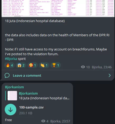 Fig. 13. Bjorka’s Telegram post of leaked Indonesian hospital database 