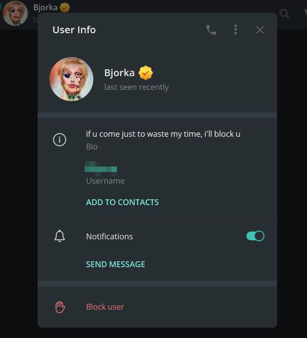 Figure 8. Telegram user card from Bjorka's Breach Forums profile