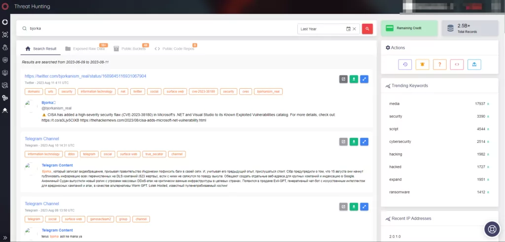 Figure 12. Threat Hunting page under the CTI Module of SOCRadar (Source: SOCRadar)