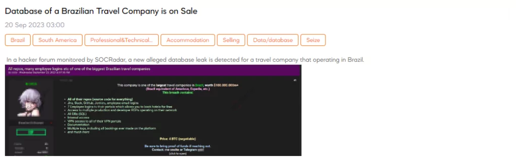 Database of a Brazilian Travel Company is on Sale