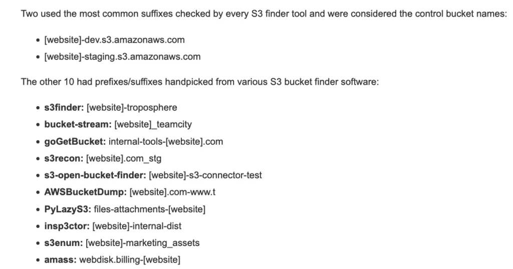 The top 10 prefixes/suffixes used with various S3 buckets, according to an August 2023 honeypot research (vpnMentor)